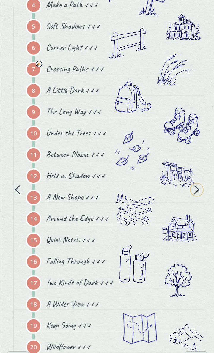 A notebook page of puzzle chapters with hand-drawn memory illustrations